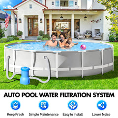 BluClear Above Ground Pool Filter Pump in a backyard pool setting