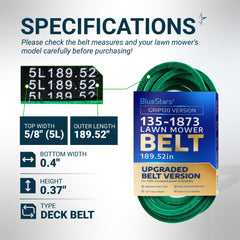 BlueStars 135-1873 Deck Belt side view showing dimensions