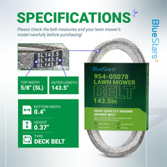 BlueStars 954-05078 Deck Belt showing dimensions 5/8 x 143.5
