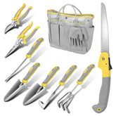 BlumWay 10 Piece Gardening Tool Set with stainless steel tools in a garden bag