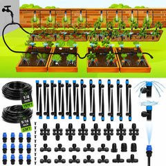Bonviee Drip Irrigation System Kit 230FT main components including tubing and connectors