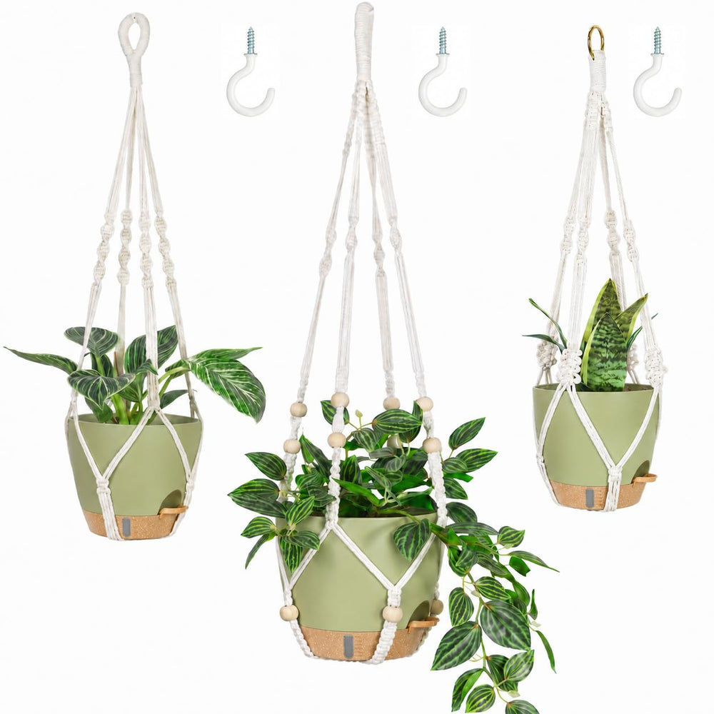 Bouqlife 3 Pack Hanging Planters with macrame hangers and self-watering pots