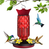Bourid Hummingbird Feeder red model front view with five flower-shaped feeding ports