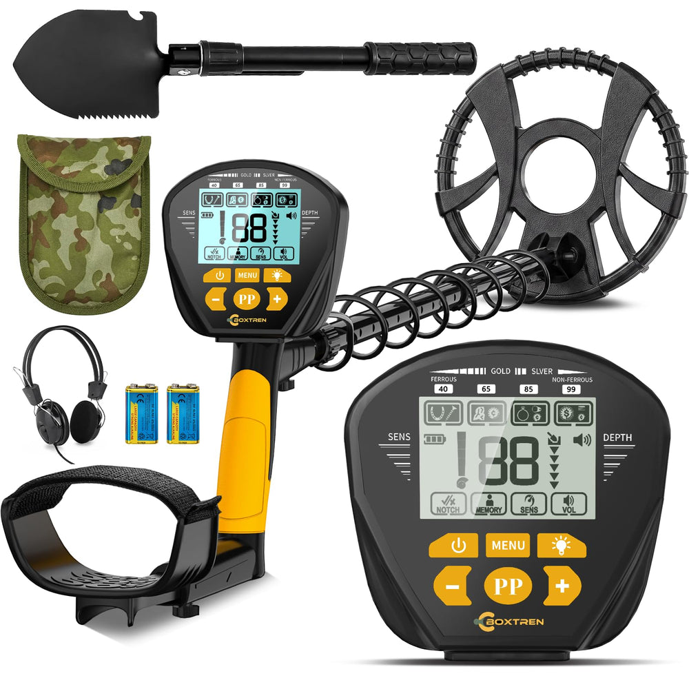 BOXTREN 10-inch metal detector front view with backlit LCD