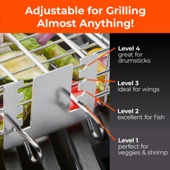 Braize grill basket showing adjustable height levels