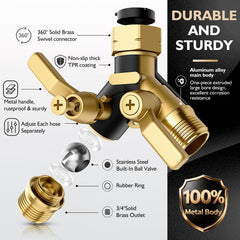 BRONWIDE Garden Hose Splitter showing ergonomic handle and shut-off valves