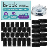 Brook Glass Pet Fountain Filter Replacement Set with 12 filter rings and 24 activated carbon pouches