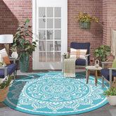 Bsmathom 6ft round waterproof outdoor rug in Flower Teal front view