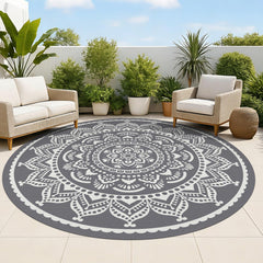 Bsmathom 6ft round waterproof outdoor rug in grey, front view