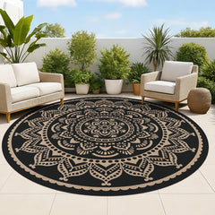 Bsmathom Waterproof Outdoor Rug 6ft Round in Flower Black Gold front view