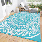 Bsmathom Waterproof Outdoor Rug 8'x10' in Flower Teal front view