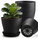 BTPLASTIK 8-inch plant pot with saucer in black, front view