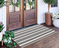 BUAGETUP Black and White Striped Outdoor Rug front view