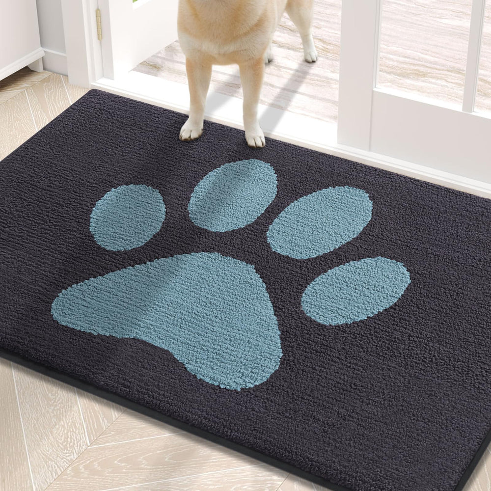 Buganda Dog Door Mat front view in dark grey and blue