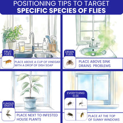 BugBane fly traps displayed on a kitchen window