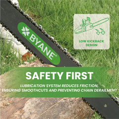Byane chainsaw bar with specifications displayed