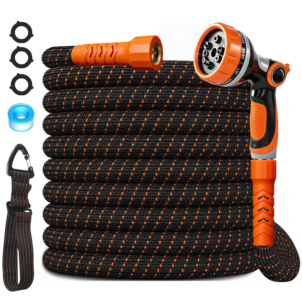 BYDA 50 Ft Flexible Garden Hose in Orange and Black with Sprayer