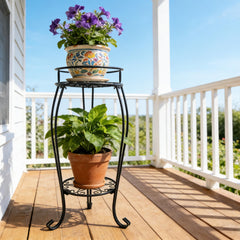 C CASIMR 2 Tier Plant Stand side view with plants, Black