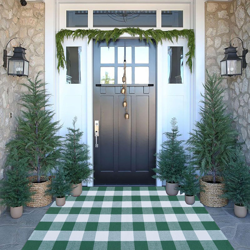 CAINANEL Green and White Buffalo Plaid Outdoor Rug front view