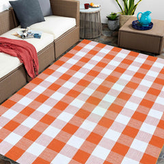 CAINANEL orange plaid rug on patio