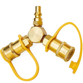 CALPOSE RV Propane Quick Connect Y Splitter Adapter front view, showcasing brass construction