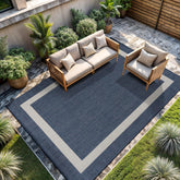 CAMILSON Outdoor Rug 6x9 blue and white bordered design front view