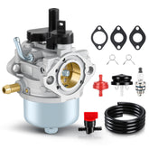 Carbhub Carburetor 801396 front view with gaskets and spark plug