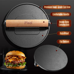 Cast iron smash burger press on a grill