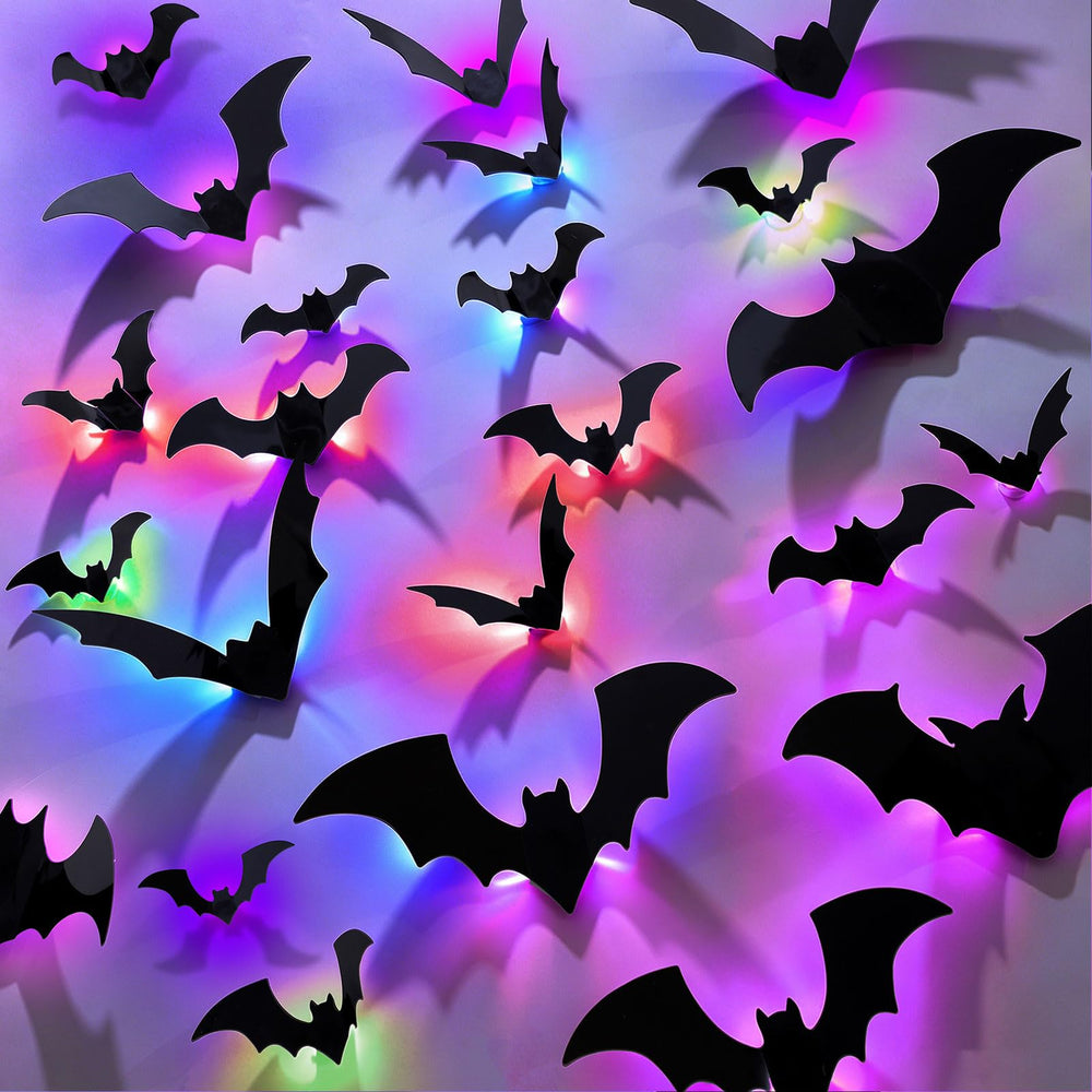CCINEE 40Pcs light up 3D bats Halloween decorations in purple