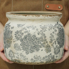 Ceramic plant pot with ferns, showcasing its use in a home setting