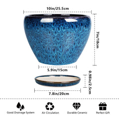 Ceramicfor 10 Inch Blue Plant Pot with saucer