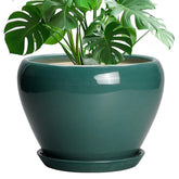 Ceramicfor 10 Inch Green Ceramic Planter front view with saucer