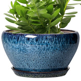 Ceramicfor 11 Inch blue ceramic planter front view with saucer
