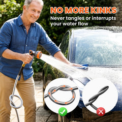 Cesun 100 ft Metal Garden Hose connected to outdoor tap