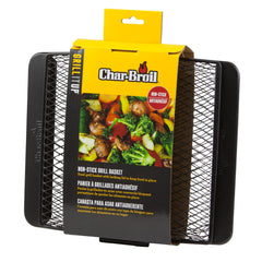 Charbroil Non-Stick Grill Basket filled with vegetables on grill