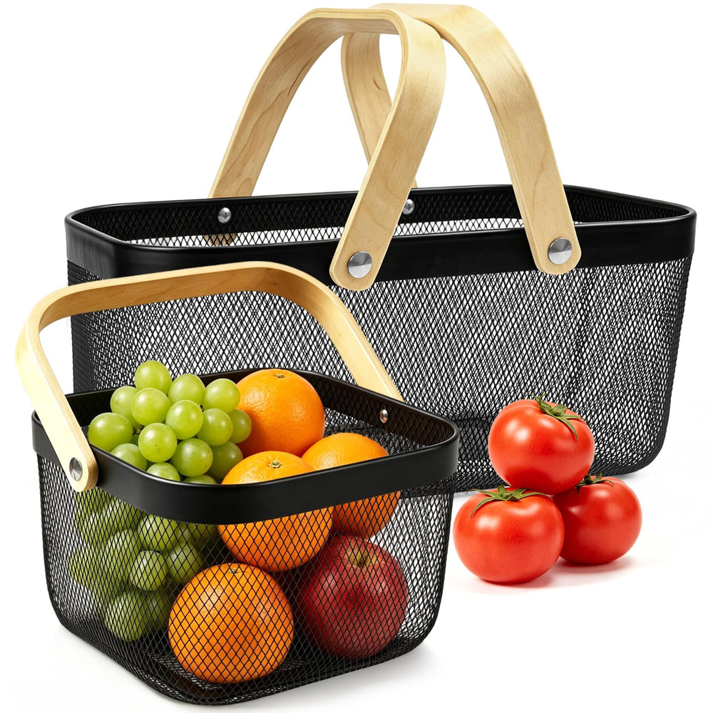 Cheardia Picnic Baskets 2 Pack, black metal mesh design with wooden handles