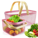 Cheardia pink picnic basket with wooden handle front view