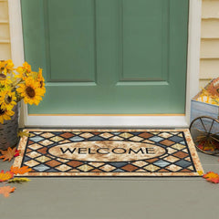 CHICHIC Blue Welcome Door Mat side view showing thickness