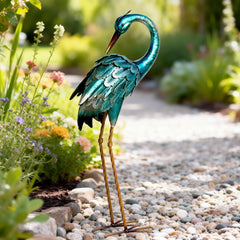 chisheen Crane Garden Statue in garden setting beside pond