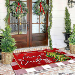 Christmas door mat and checkered rug layered together