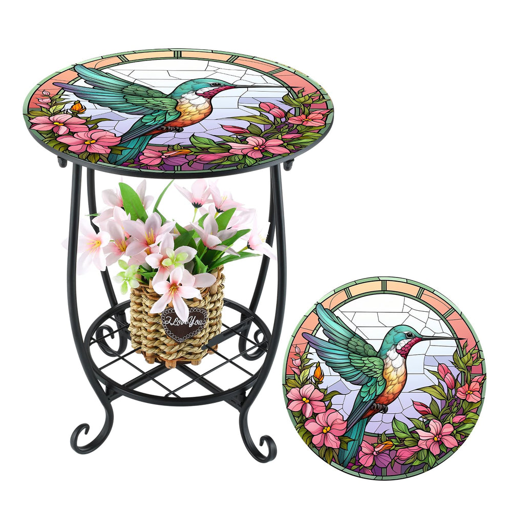 Cinnvoice Outdoor Side Table front view with hummingbird pattern