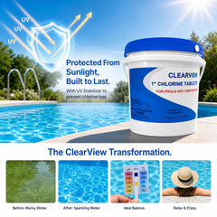 CLEARVIEW Chlorine Tablets 1 Inch with pool water background