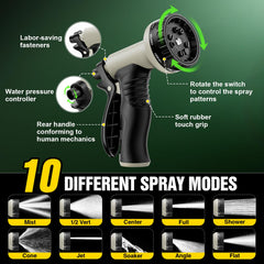 Close-up of 10-function nozzle of Yetogib garden hose