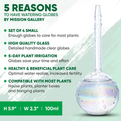 Close-up of a Mission Gallery watering globe inserted in plant soil