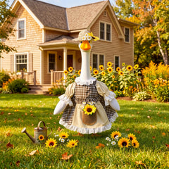 Close-up of Abbylike sunflower goose costume dress with lace trim