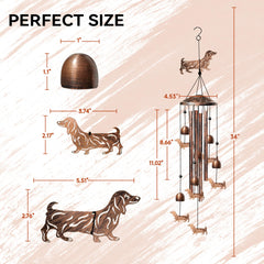 Close-up of aluminum tubes and bells on Nowpis Dachshund Wind Chimes
