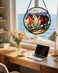 Close-up of AMDERVEN stained glass suncatcher intricate design
