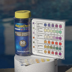 Close-up of AquaChek test strips showing colour pads