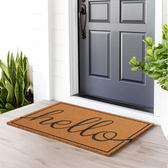 Close-up of Barnyard Designs Natural Coco Coir Doormat with Hello script
