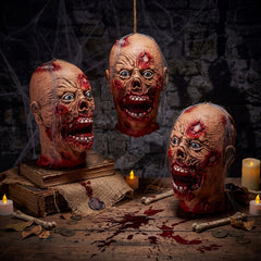 Close-up of Beeveer severed zombie head prop detailing wounds